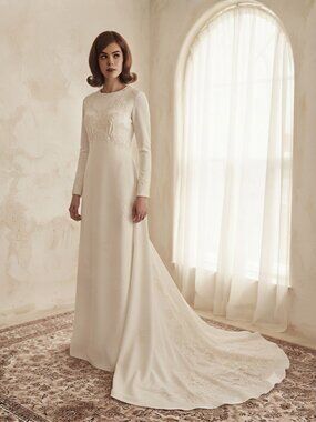 VTG Retro 60s 70s Embroidered Wedding Dress Lace Sleeves Train Boho Bridal Gown